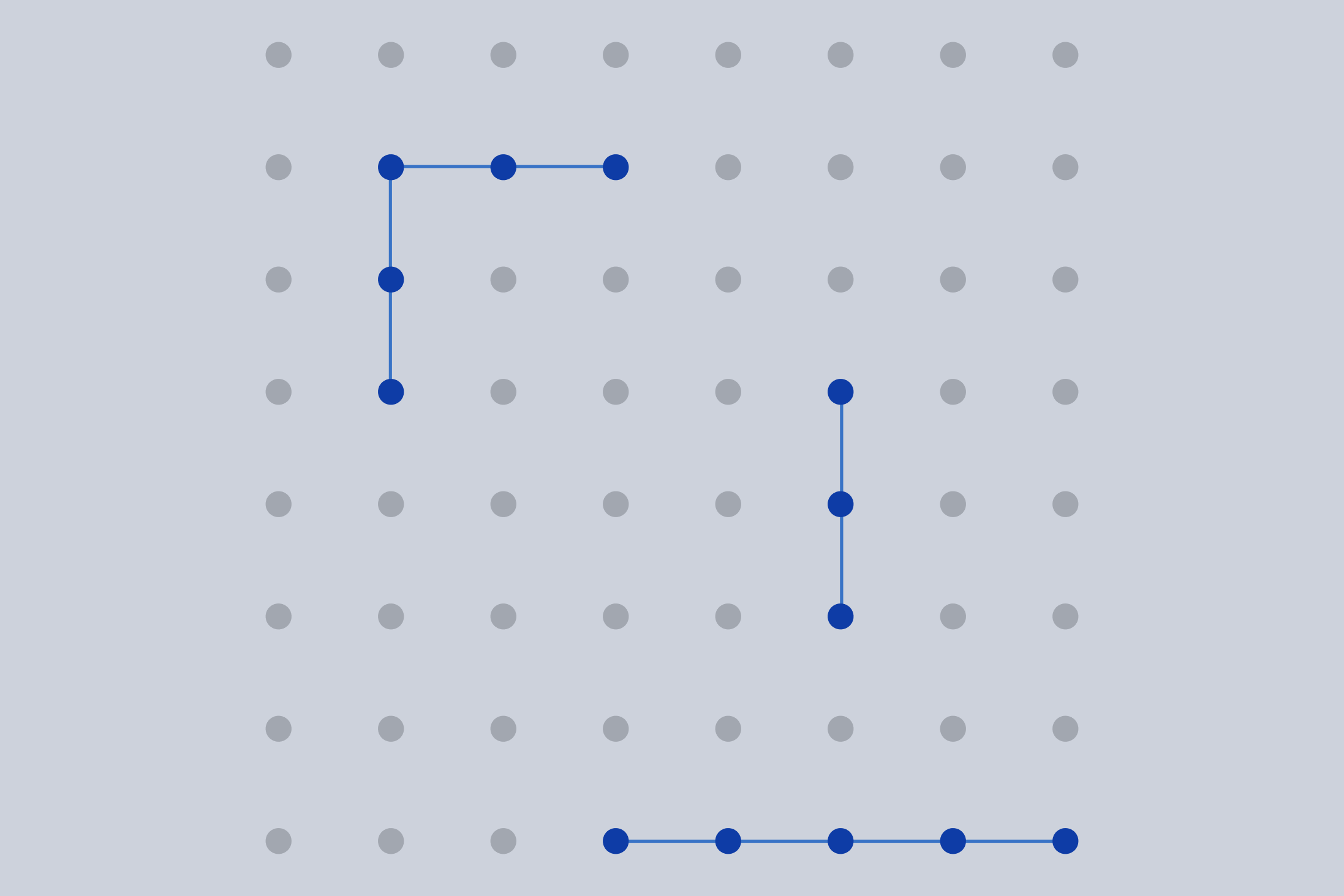 Abstract grey dot grid pattern with blue connected nodes forming geometric shapes