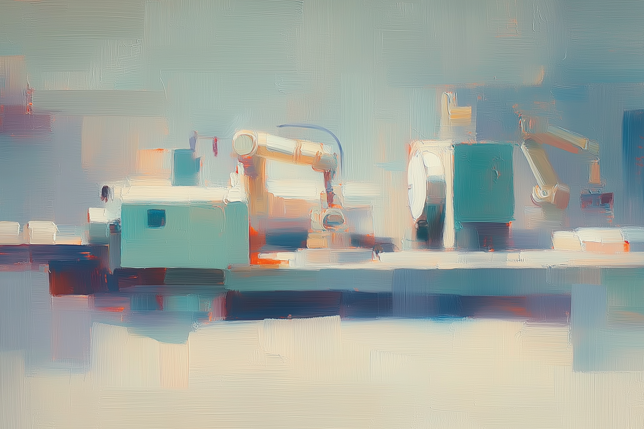 Oil painting of robotic arms and industrial machinery on a modern production line