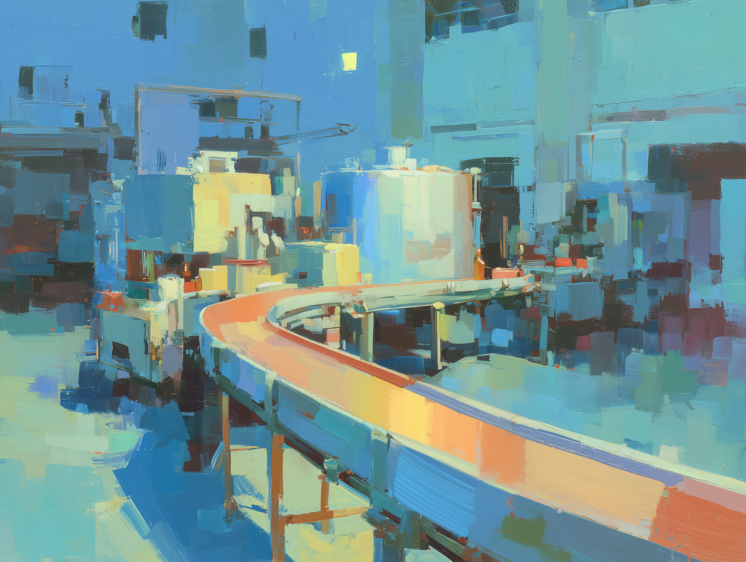 Oil painting of a curved conveyor belt winding through a blue-toned industrial facility with large tanks