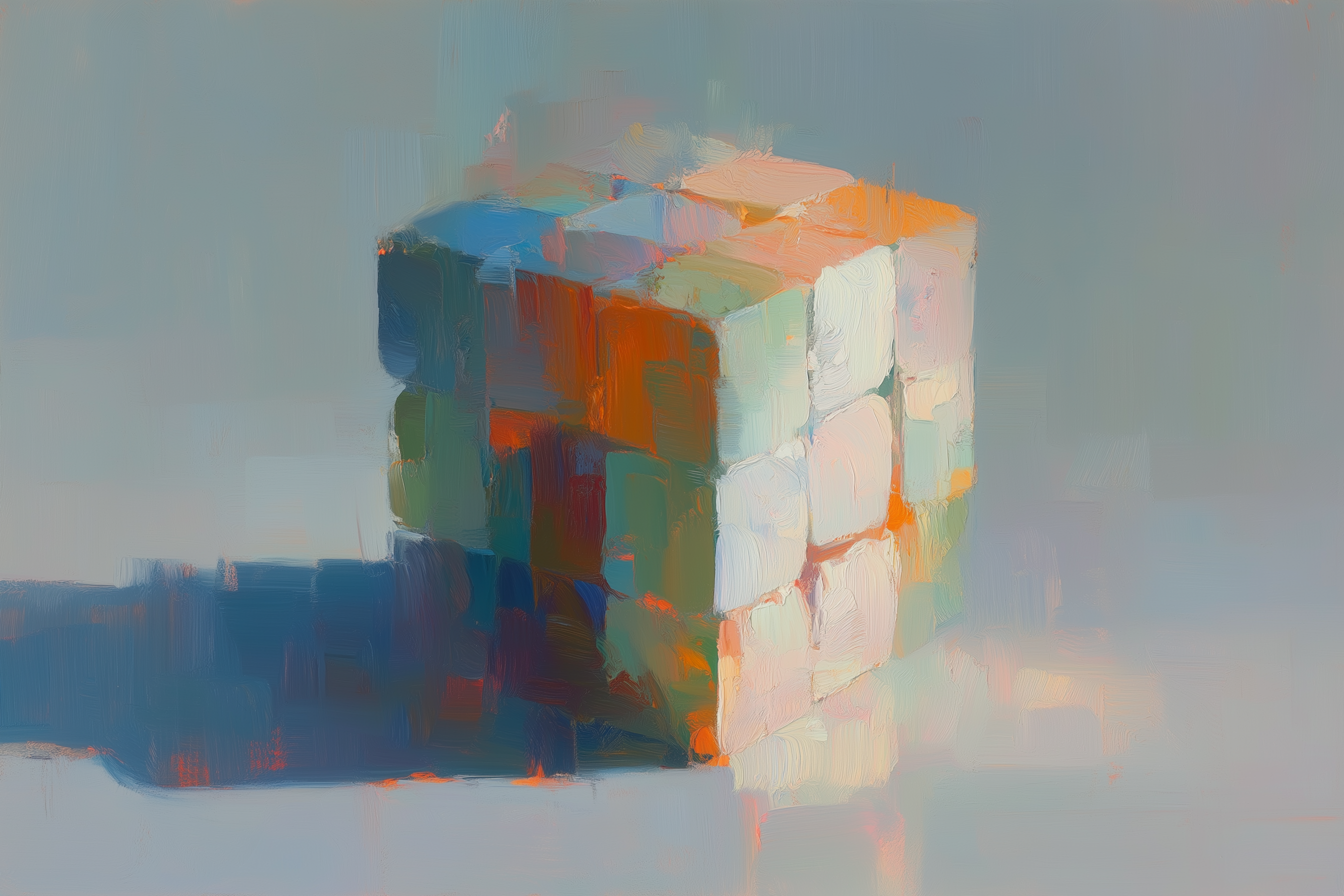 Oil painting of a Rubik's cube casting a shadow on a soft grey surface with pastel color squares