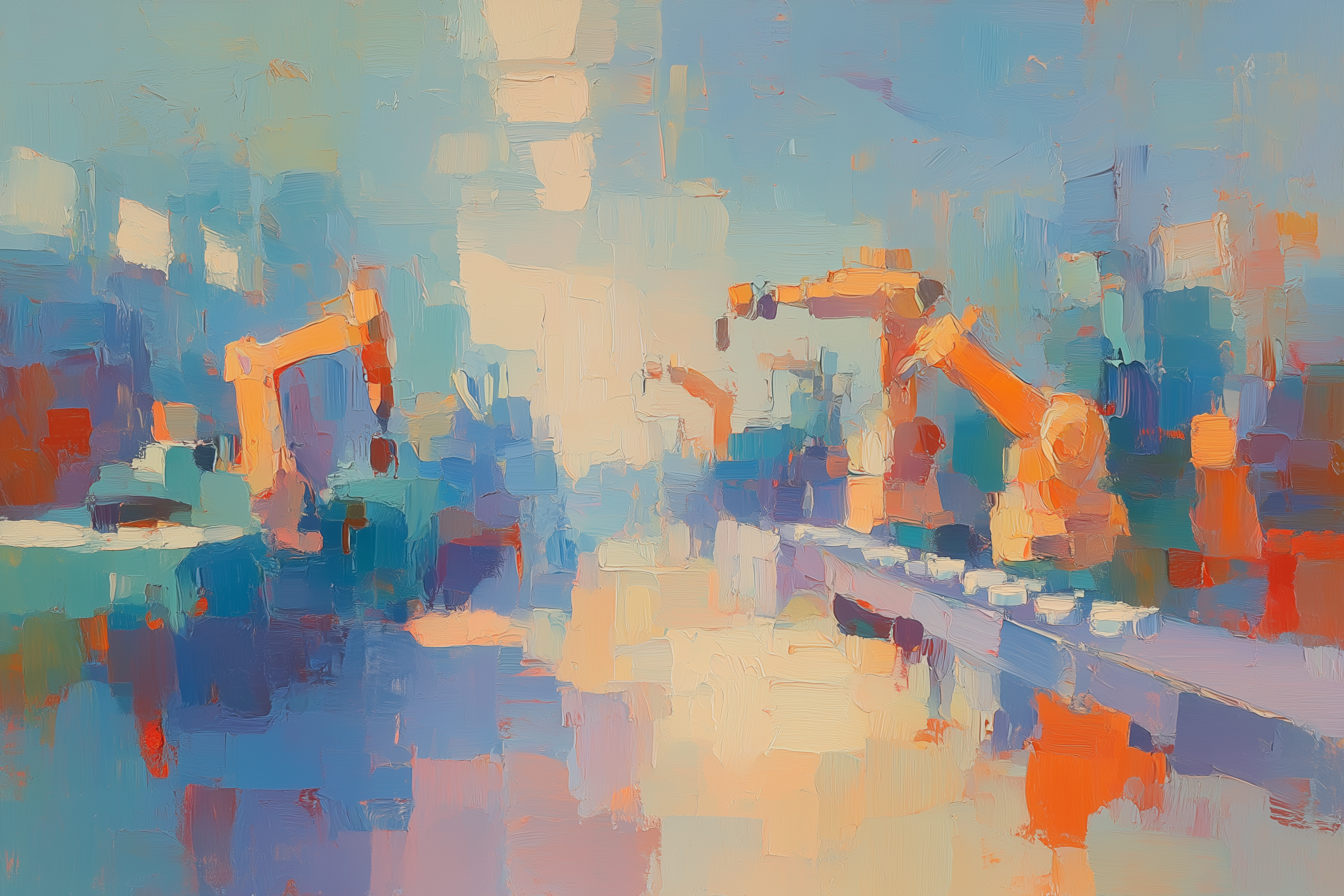 Abstract oil painting of a factory with orange robotic arms along a conveyor belt
