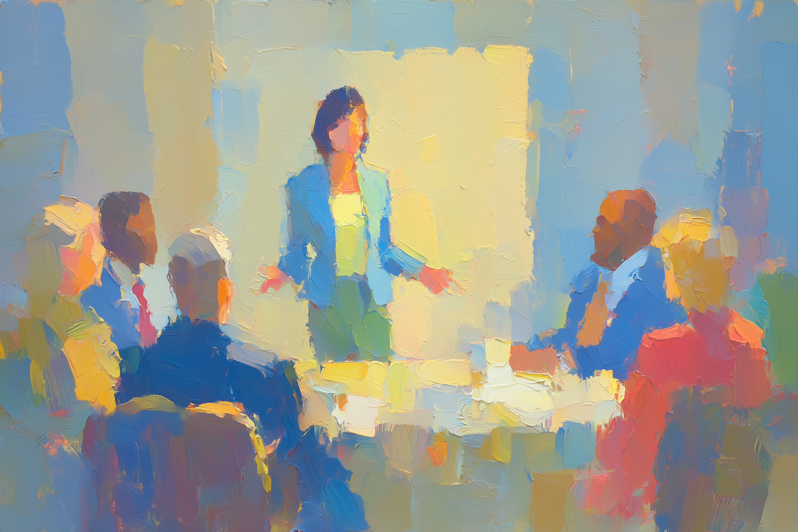 Oil painting of a woman in a suit giving a presentation to colleagues at a conference table