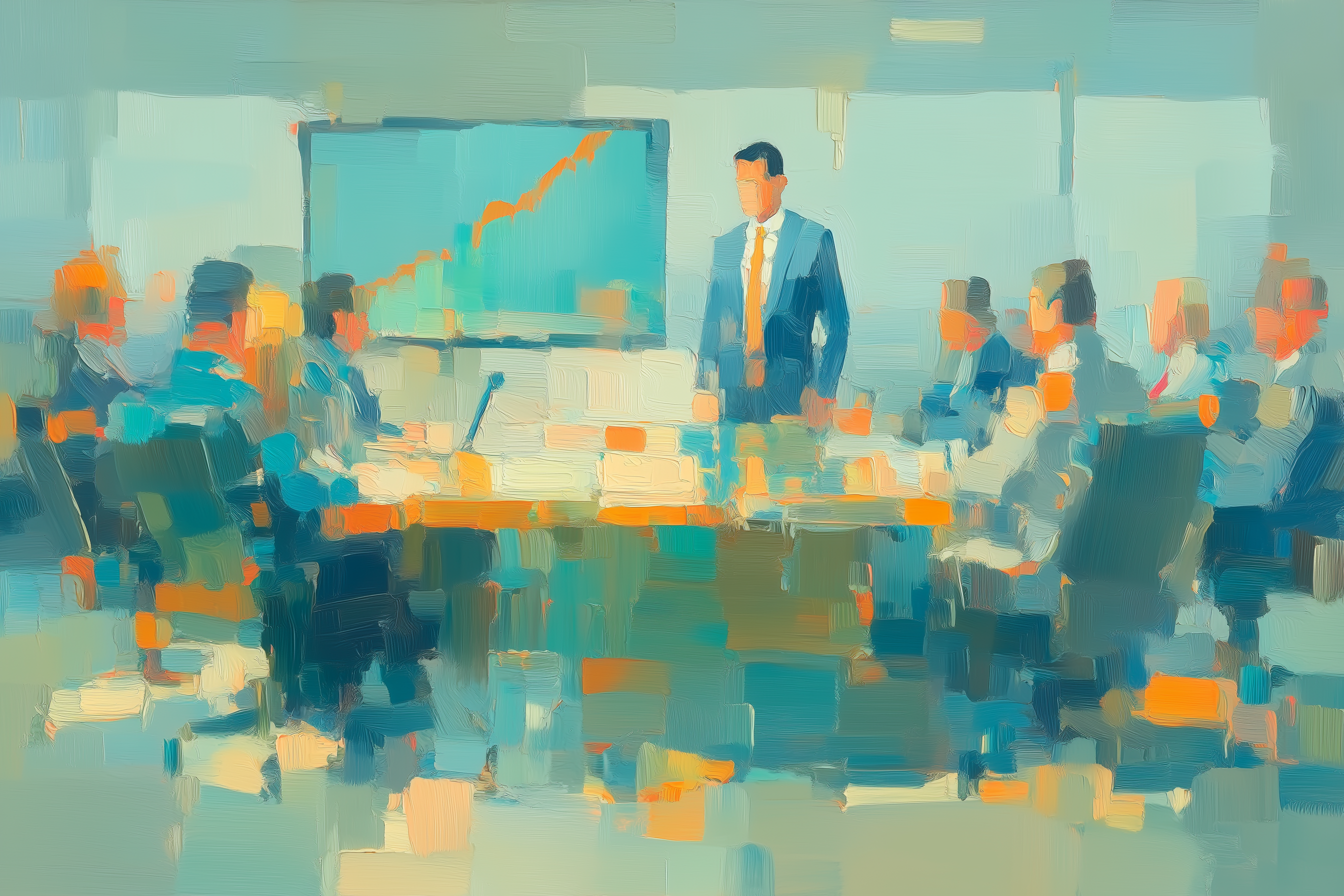Oil painting of a CEO presenting a growth chart to executives seated around a boardroom table