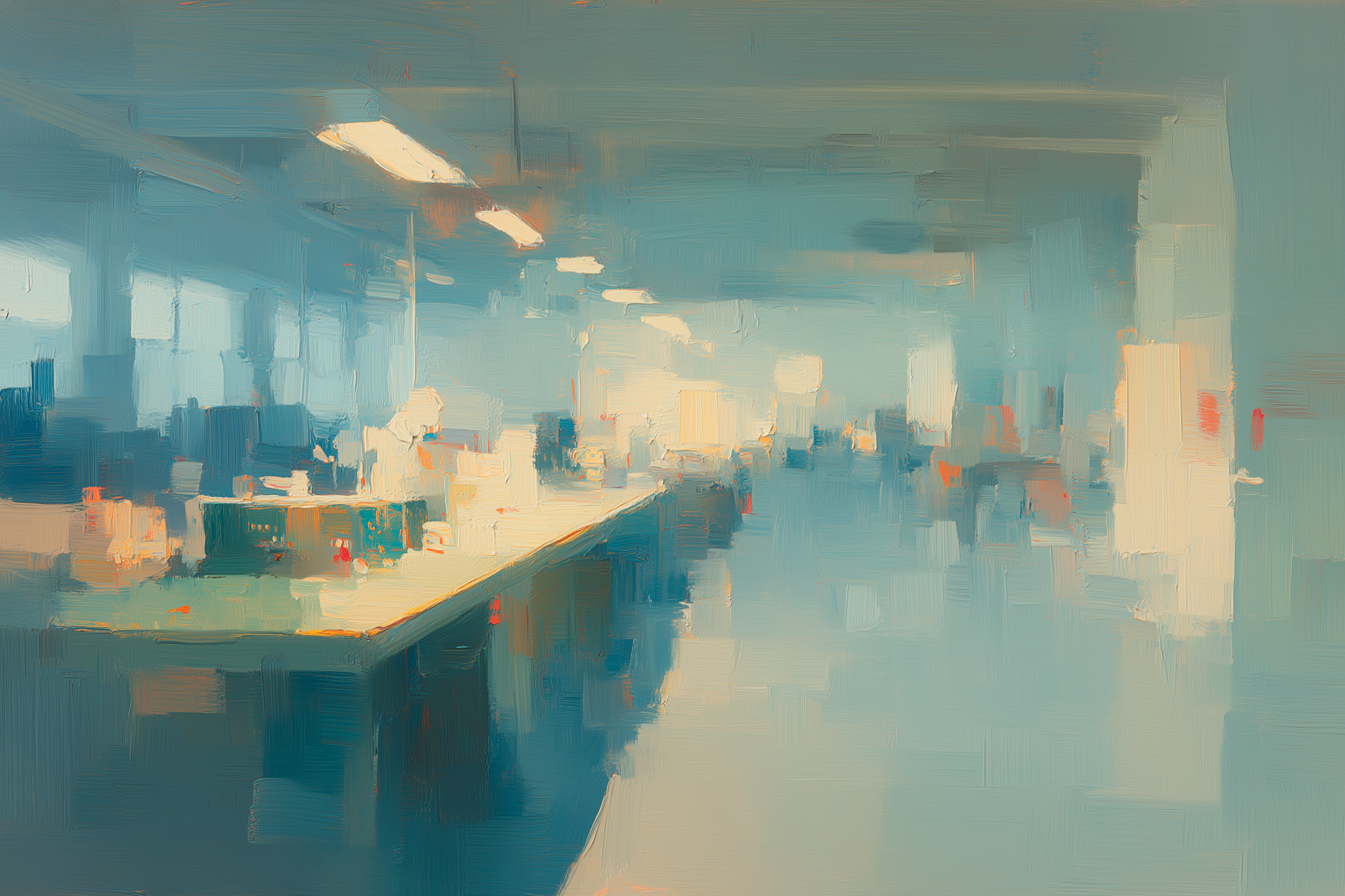 Oil painting of a bright electronics laboratory with workbenches and equipment in soft blue tones