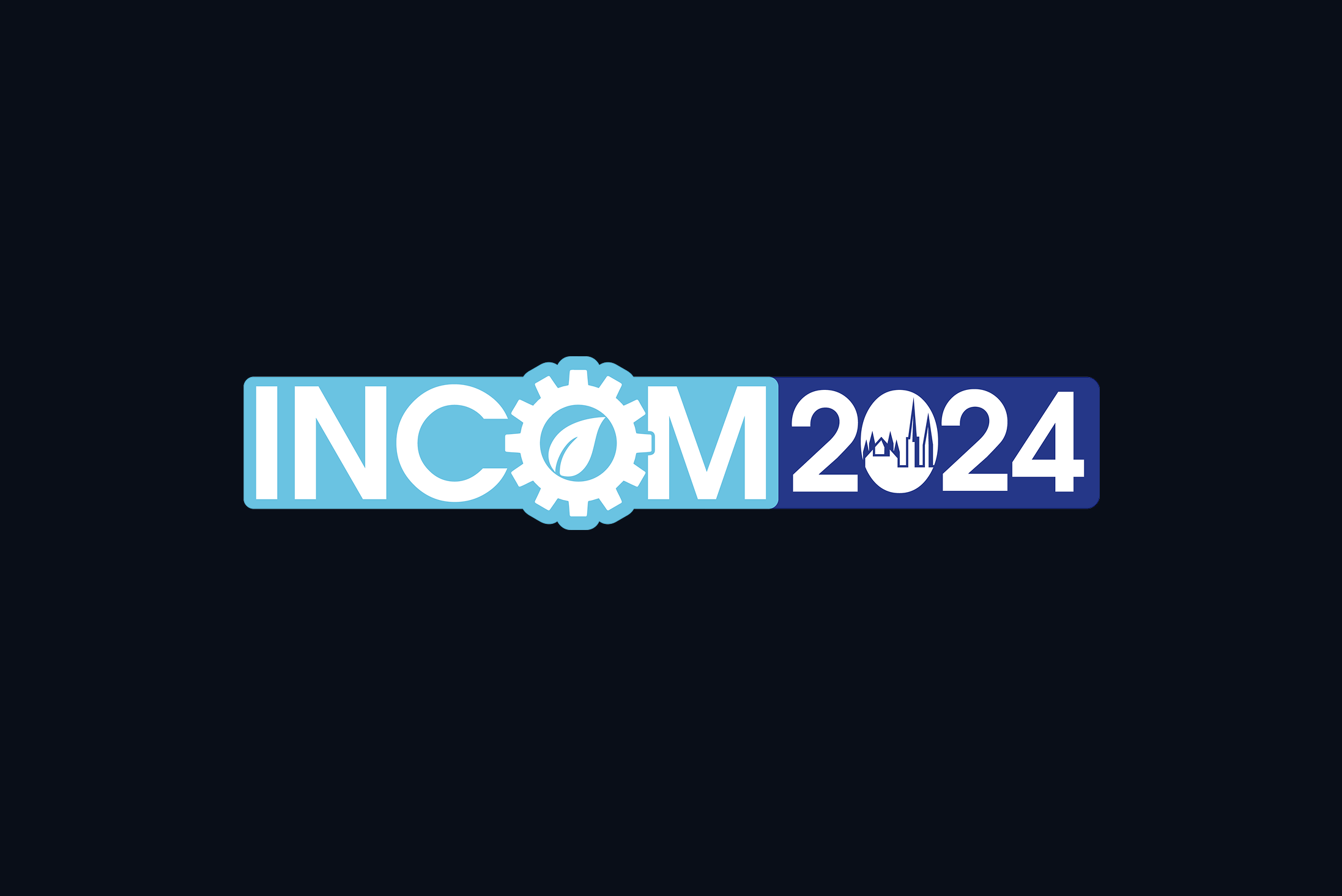 INCOM 2024 conference logo with gear and cityscape icons on a dark background