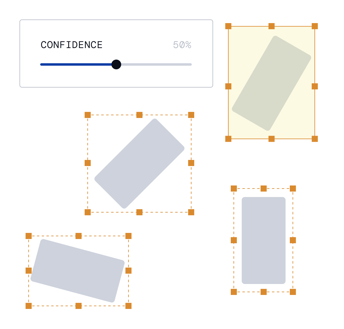 Inspection sensitivity interface showing a confidence threshold slider at 50% with bounding boxes around detected objects