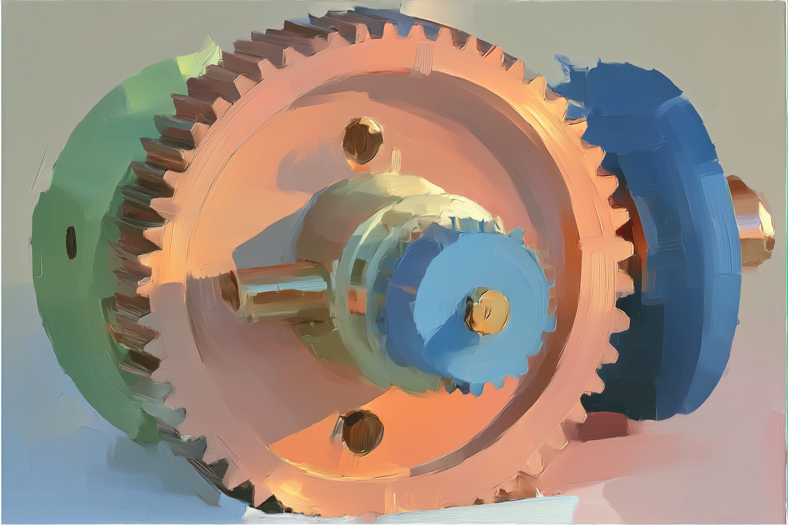Oil painting of industrial gear mechanism representing SFS customer story