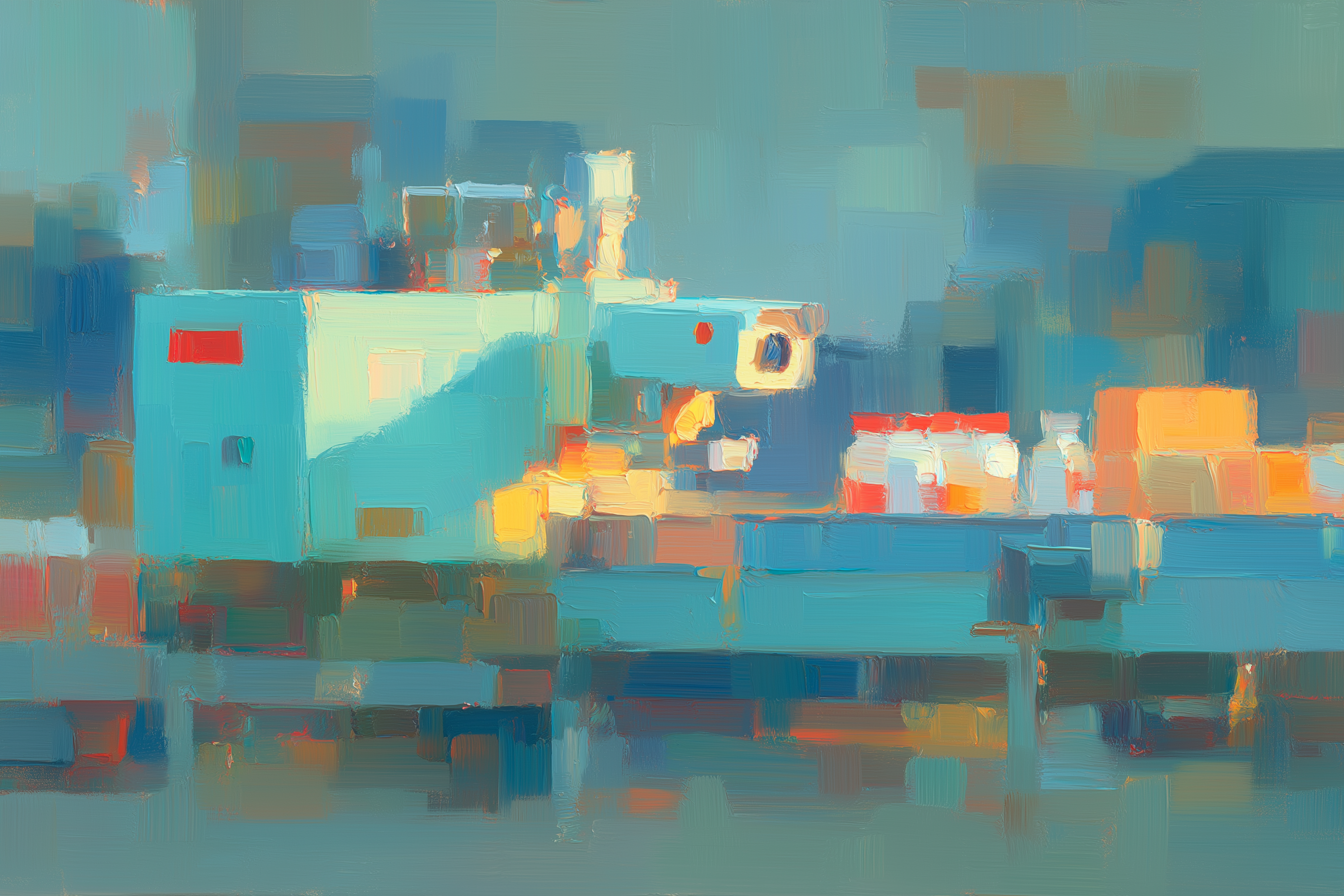 Oil painting of a small industrial machine in turquoise and blue tones on a factory floor