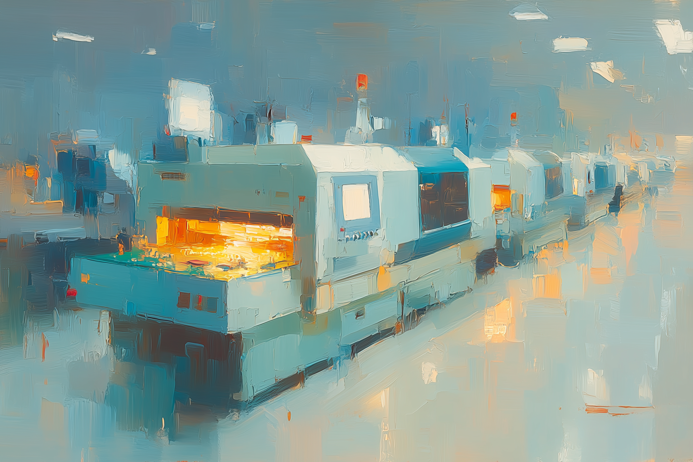 Oil painting of an SMT production line with illuminated industrial machines in a factory setting
