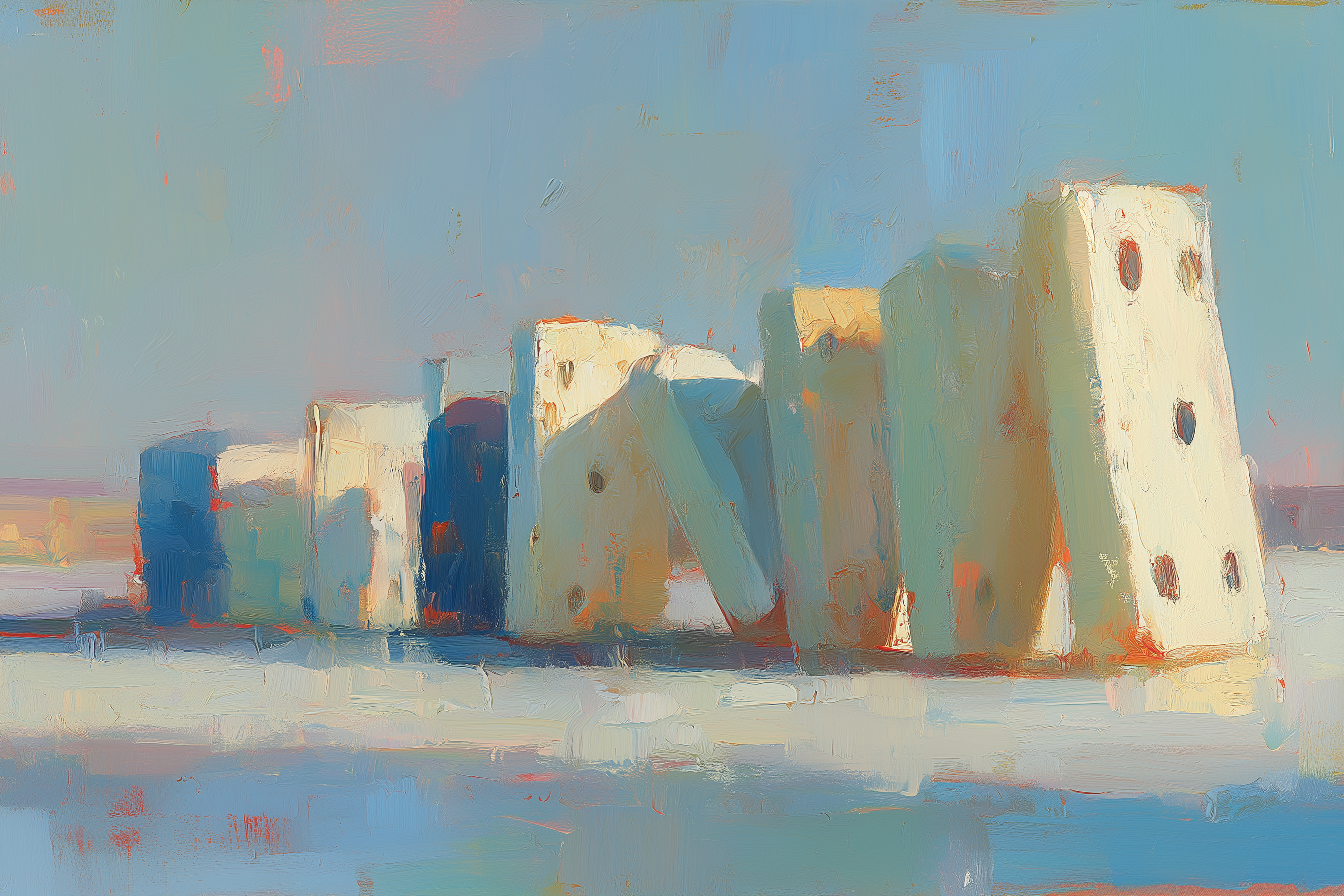 Oil painting of a row of standing domino pieces in pale green and white tones ready to fall