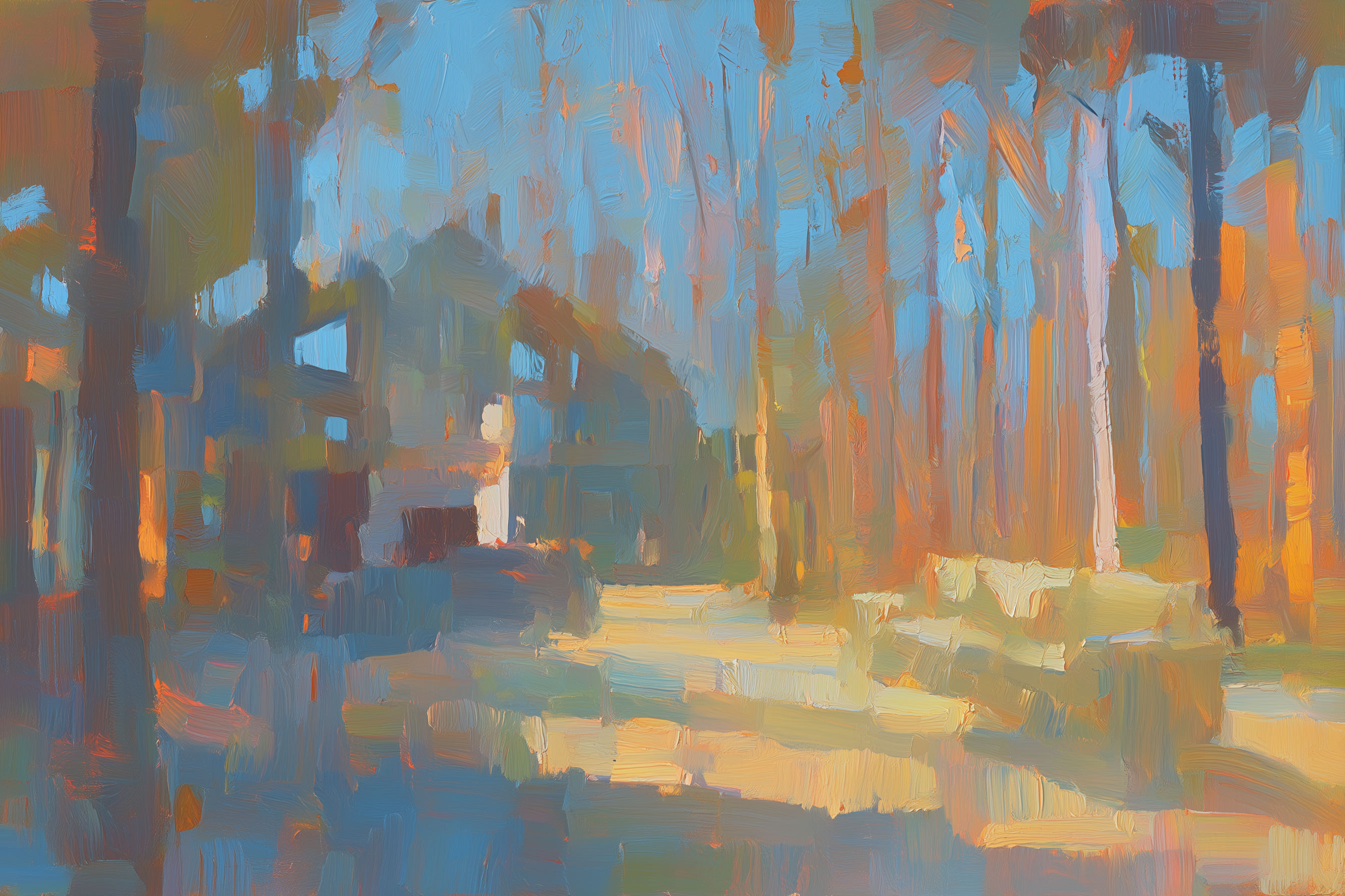Oil painting of a sunlit forest clearing with tall trees in warm orange and cool blue tones