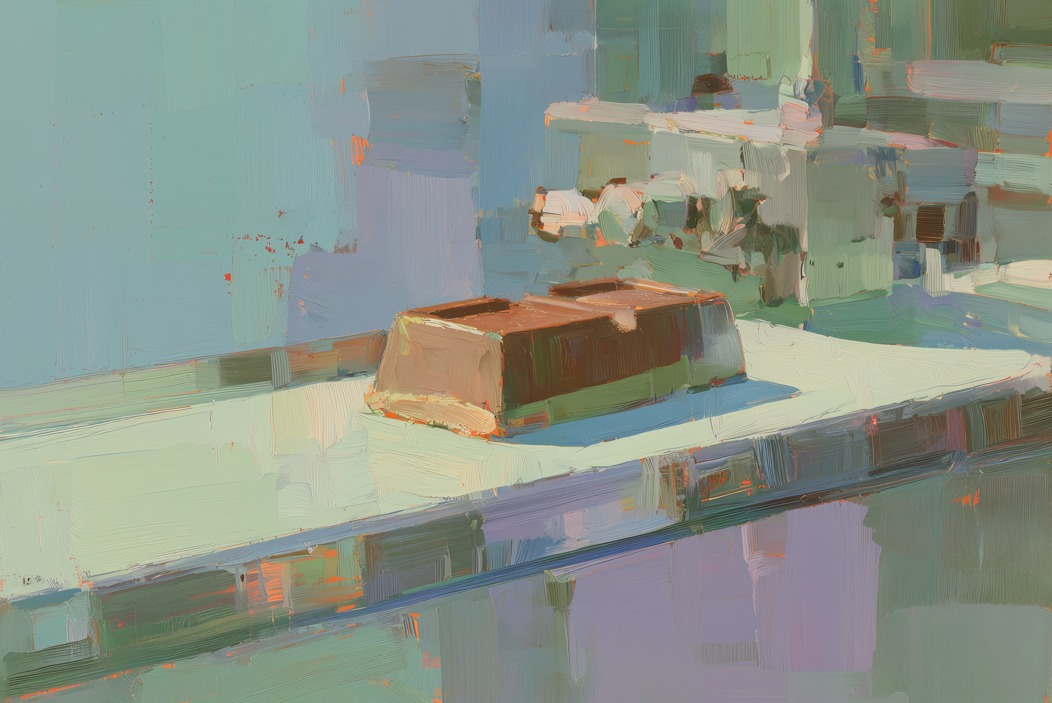 Abstract painting of chocolate bars in soft pastel blue and green tones