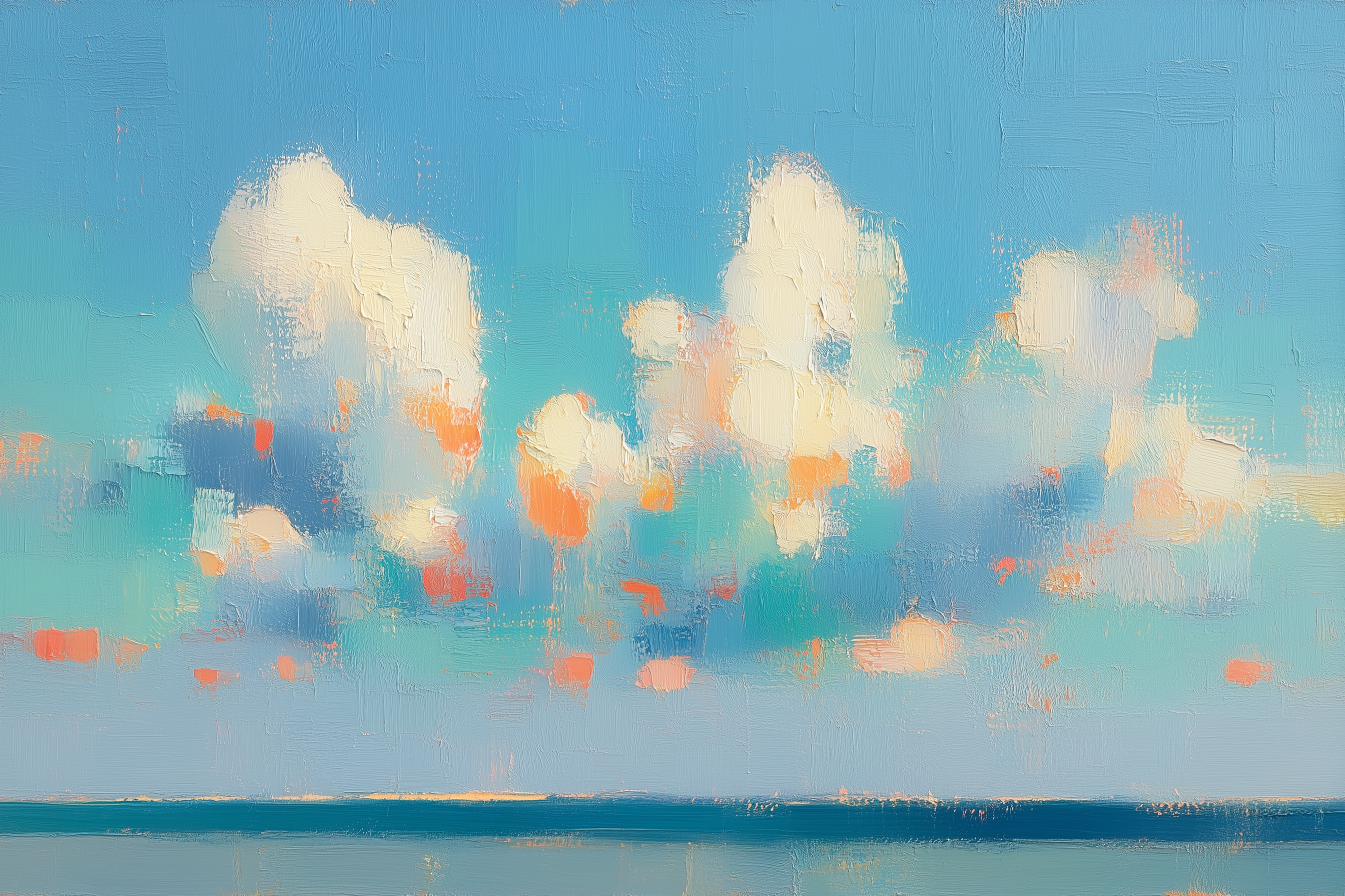 Oil painting of white cumulus clouds floating over a calm blue sea and distant horizon