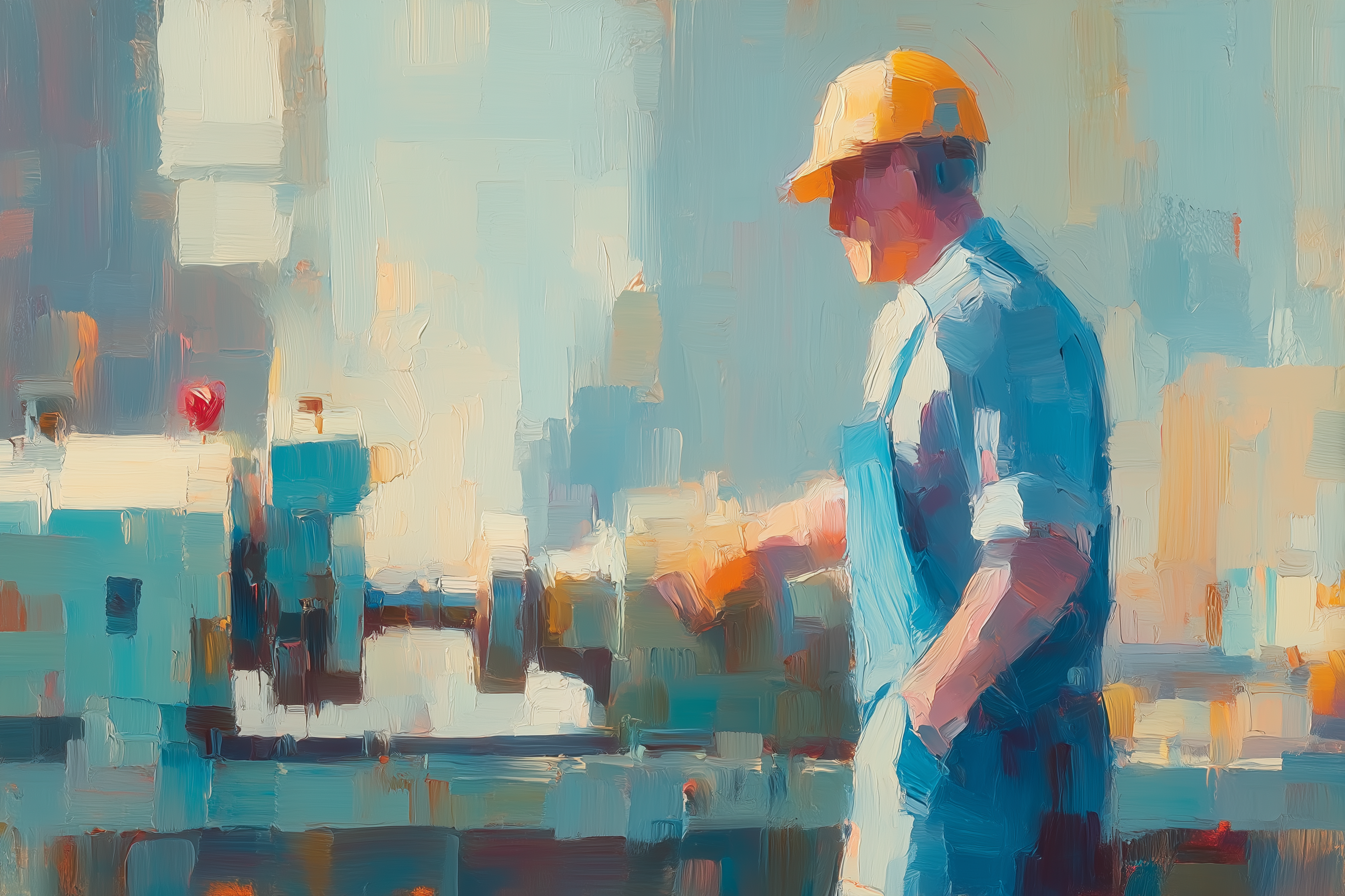 Oil painting of a worker in blue overalls and orange helmet at an industrial site
