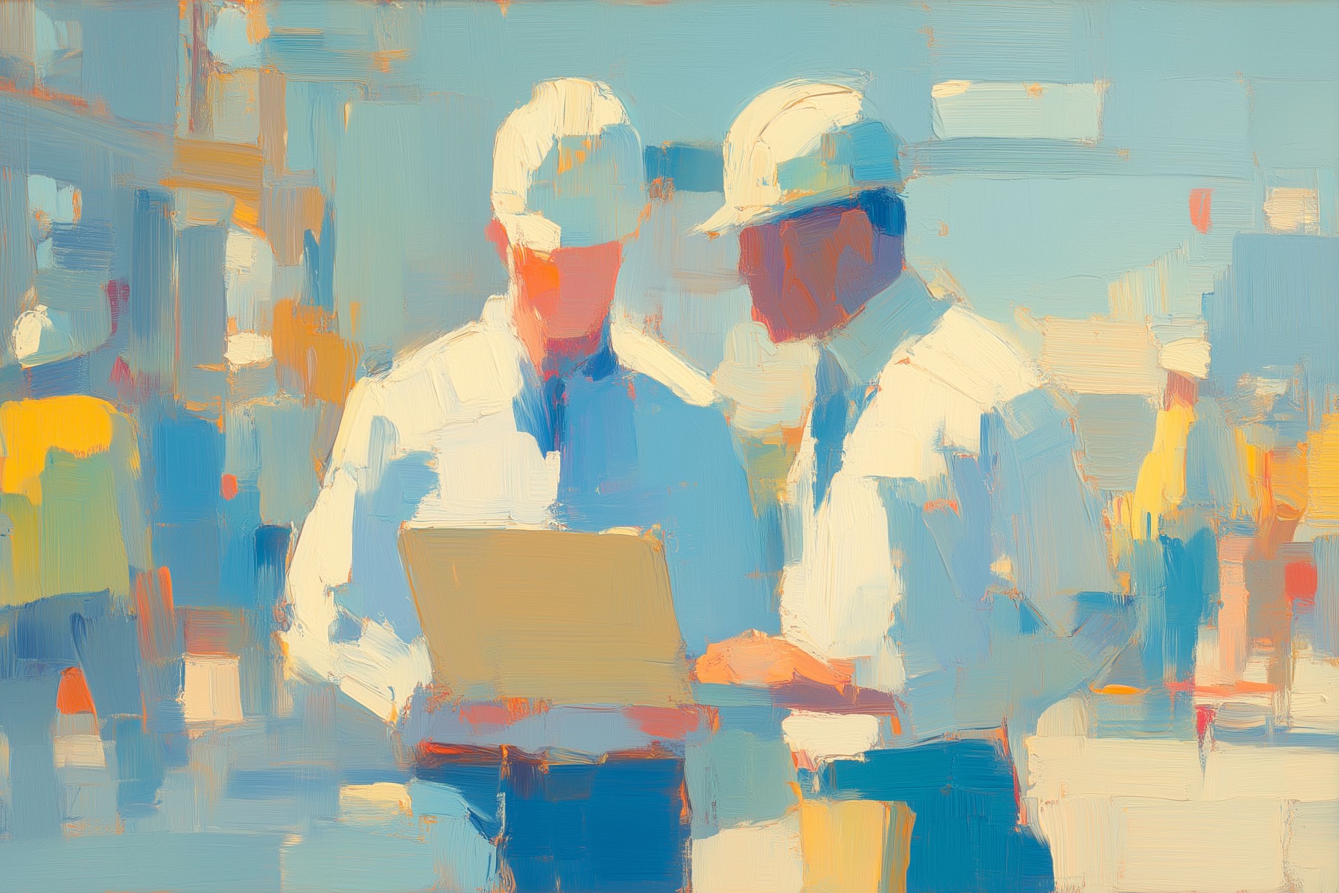 Oil painting of two factory workers in hard hats reviewing data on a laptop together