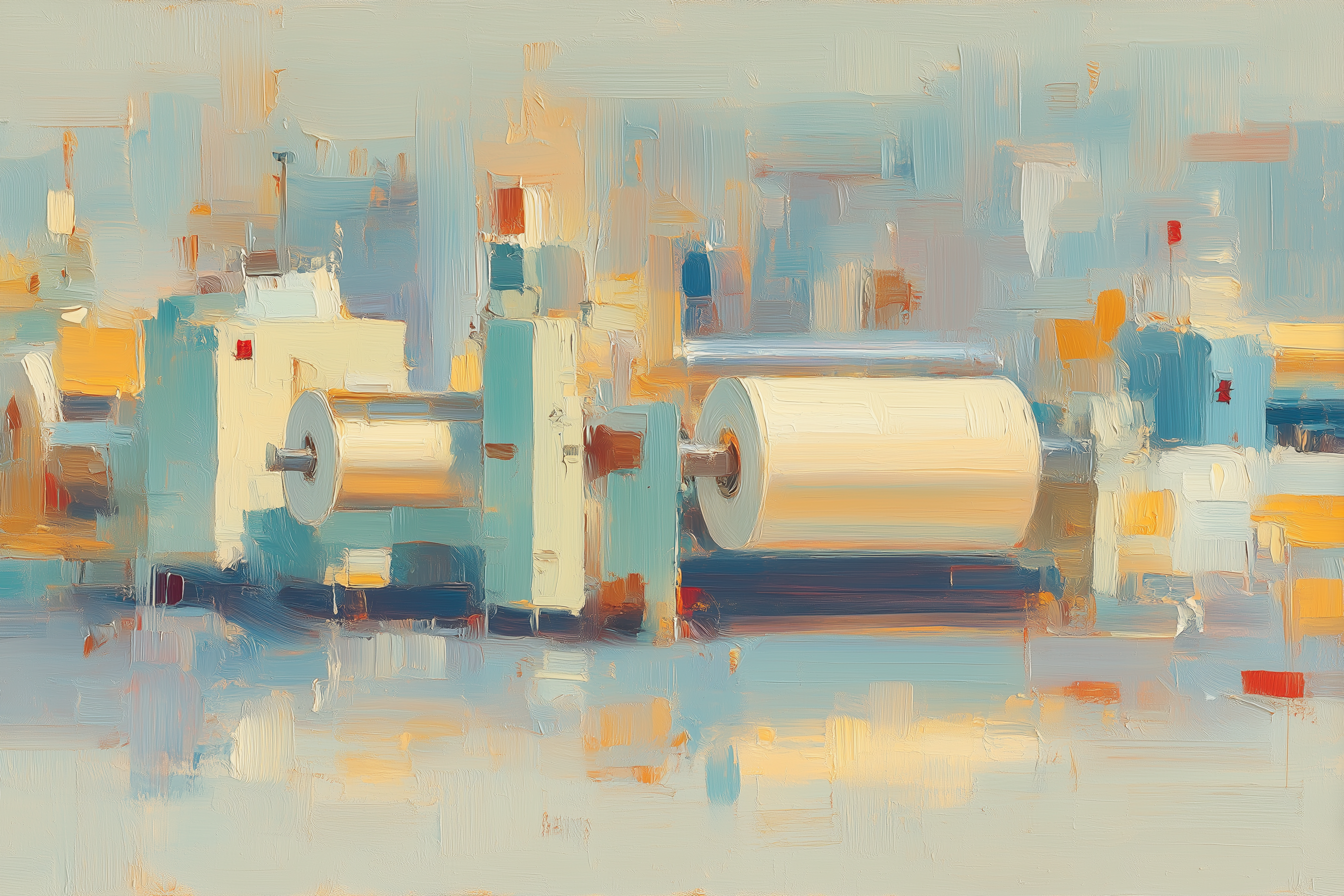 Oil painting of a roll-to-roll production machine with large material rolls in a factory setting