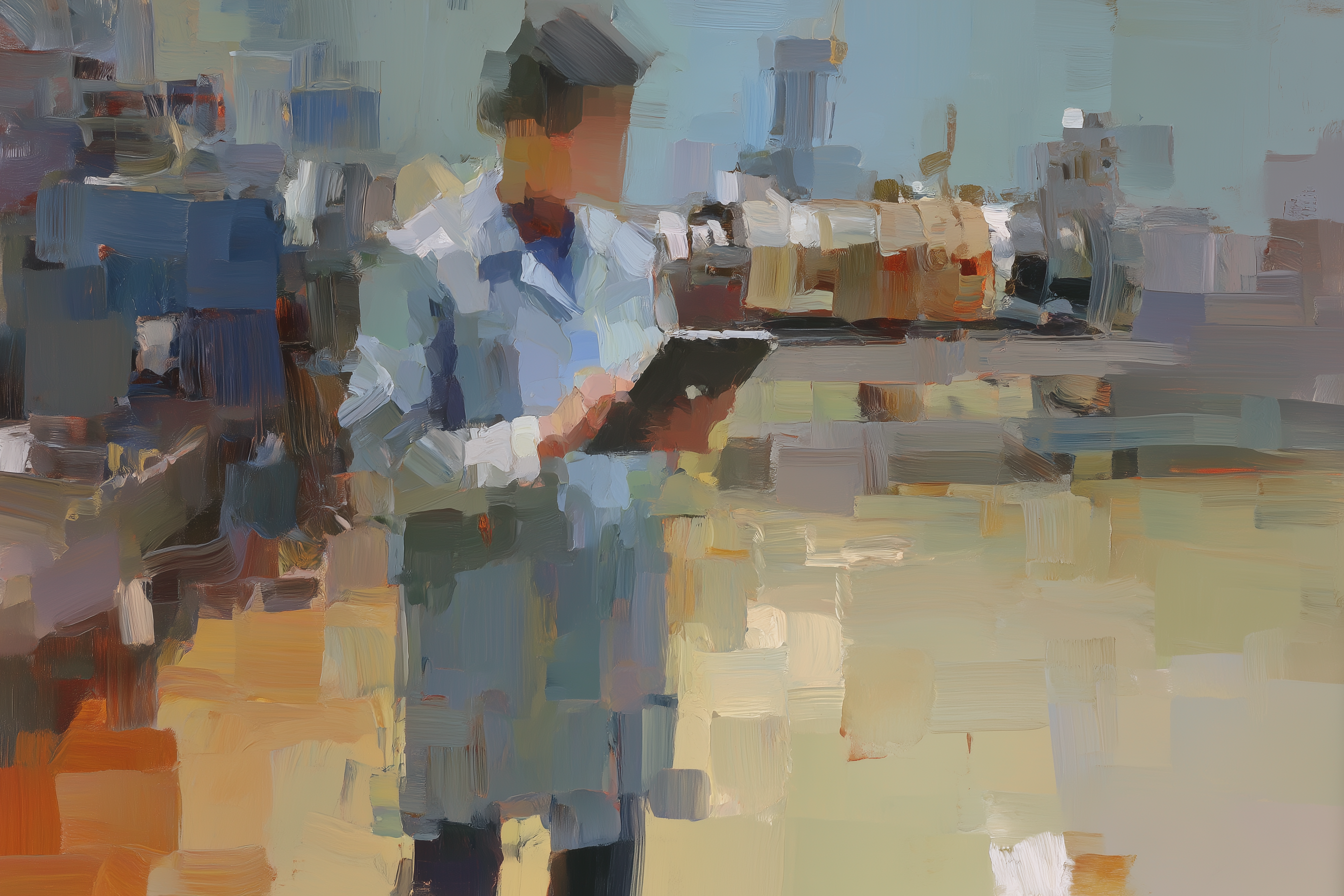 Oil painting of a factory operator reading a clipboard on the production floor