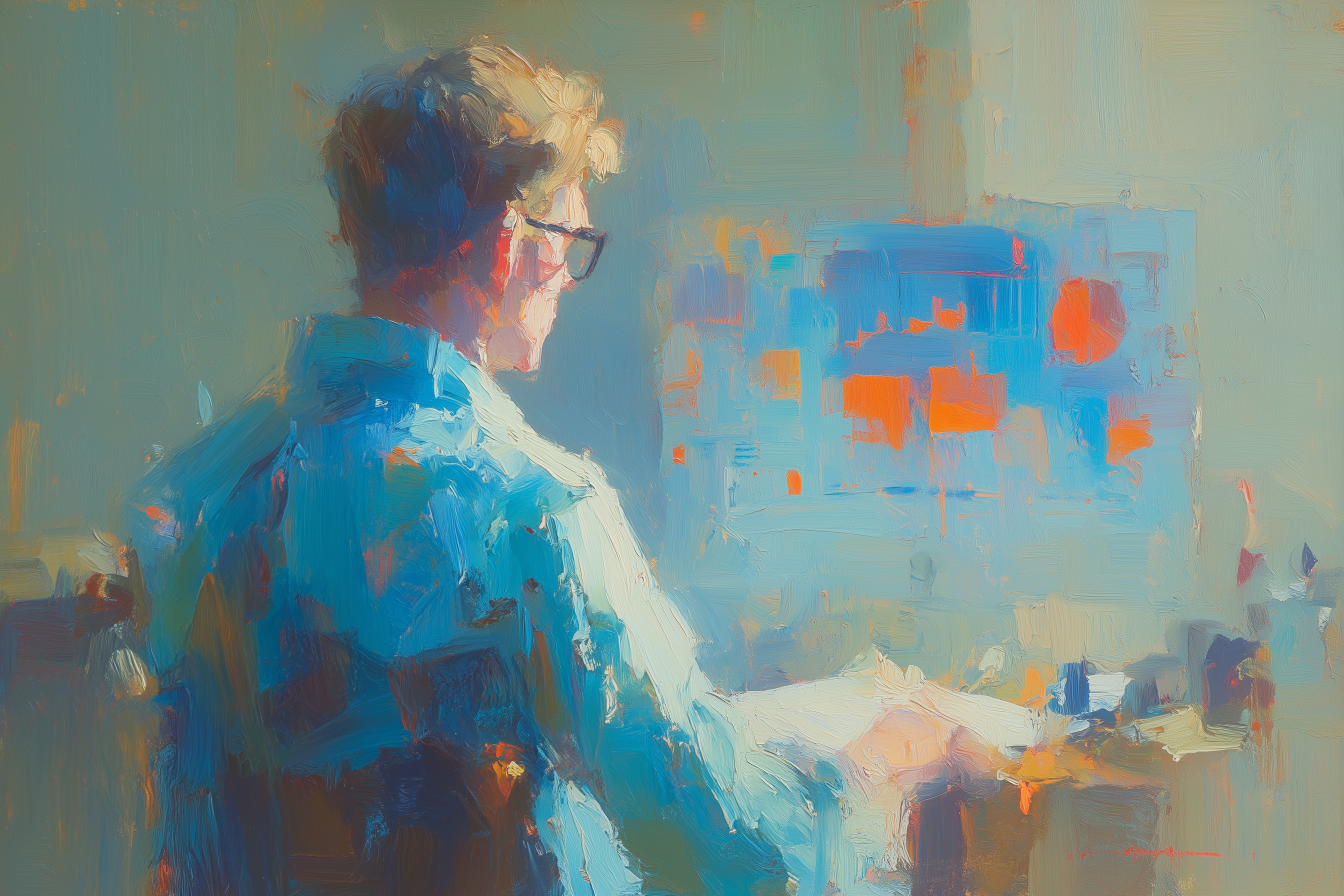 Oil painting of a person with glasses sitting at a computer displaying data visualizations