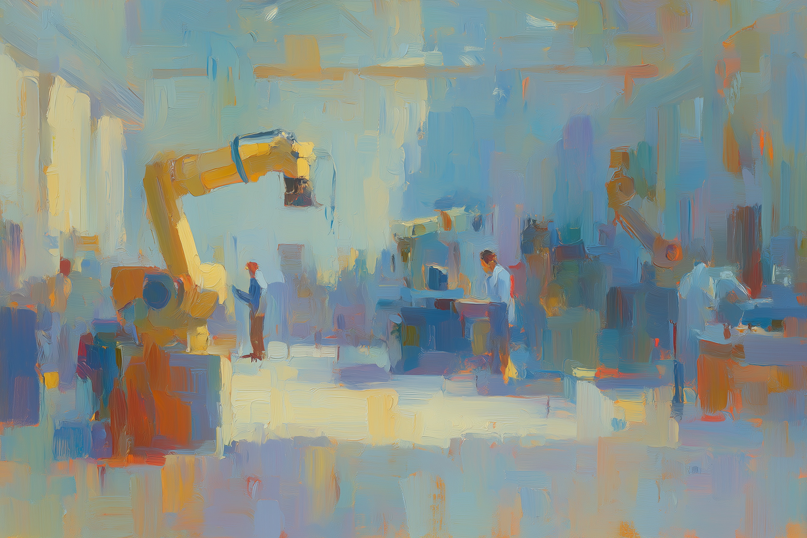 Abstract oil painting of a factory floor with workers and a large yellow robotic arm