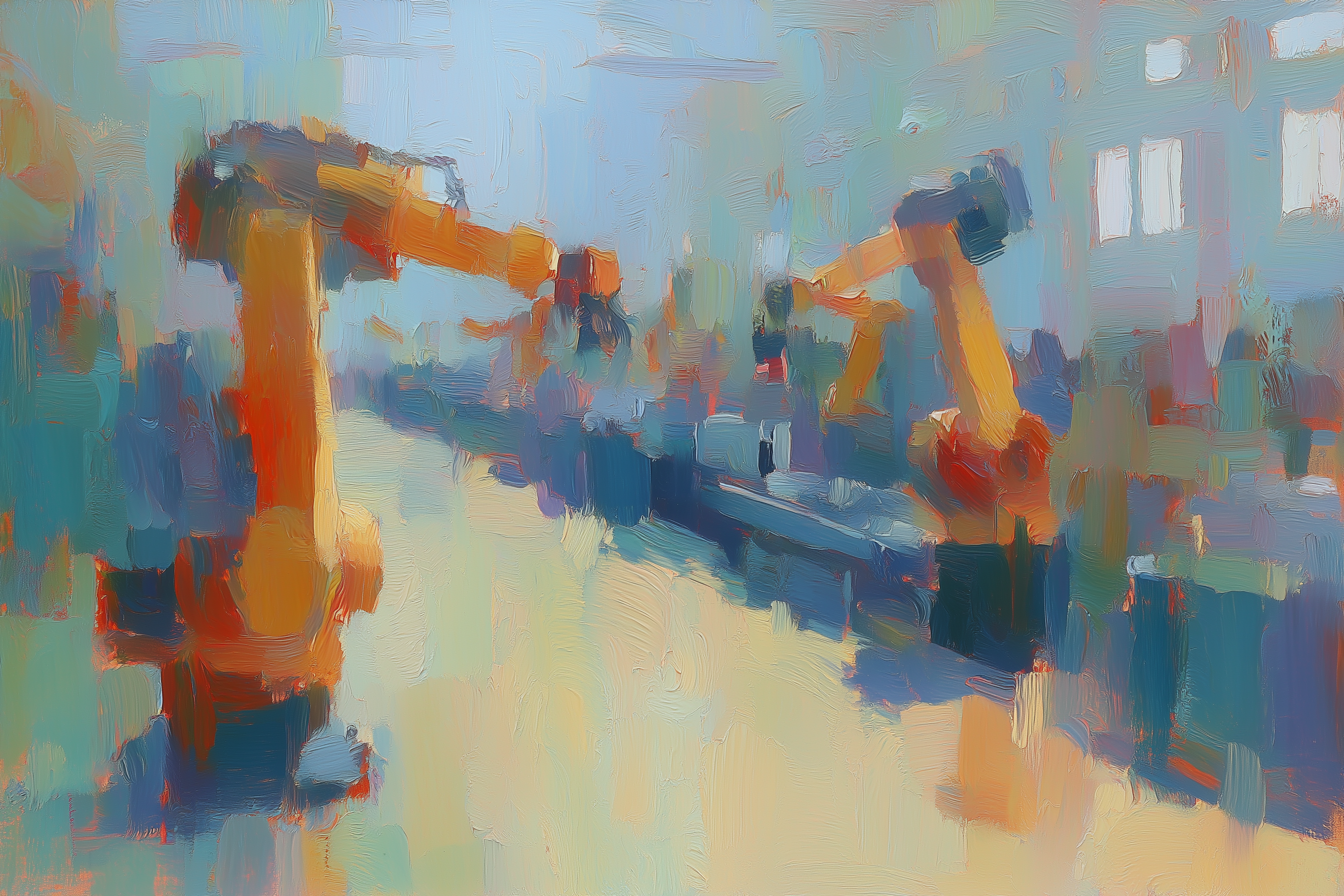 Oil painting of a factory hall with orange robotic arms working on a production line