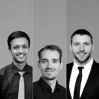 Black and white group portrait of Rahul, Mathias, and Christian side by side