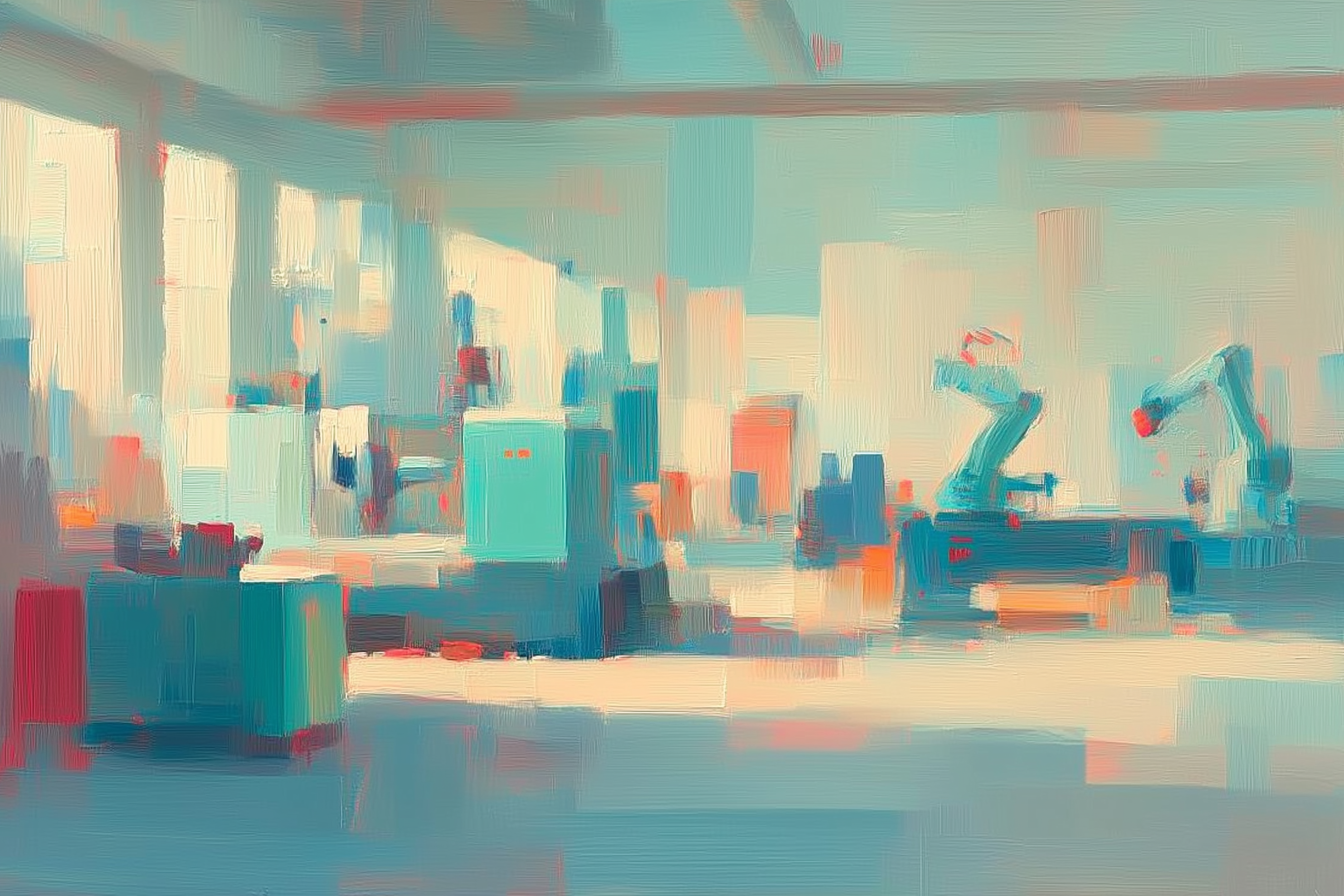 Oil painting of a modern factory floor with robotic arms and industrial machinery in soft pastel tones