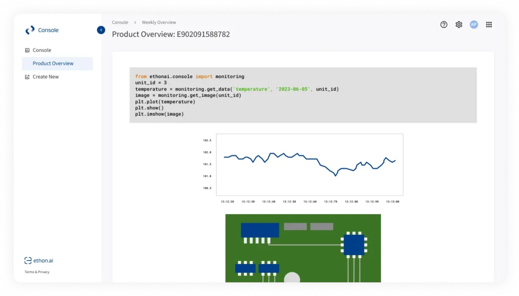 A Console script showing a run chart and an associated quality inspection image taken from the production line 