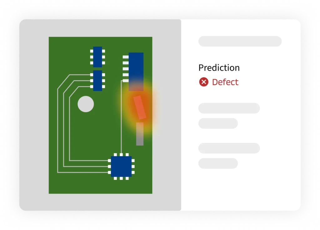 An illustration of the factory frontend for the EthonAI Inspector, showing a warning of failed quality inspection and a heatmap on the inspection image showing clearly where a defect was detected 