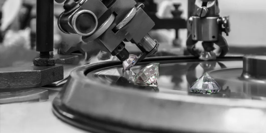 Closeup view of diamonds being processed in an automated fashion 