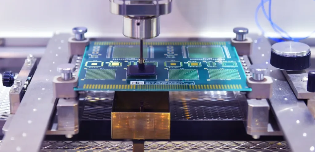 Photo of a chip being mounted on a PCB in an electronics production line 